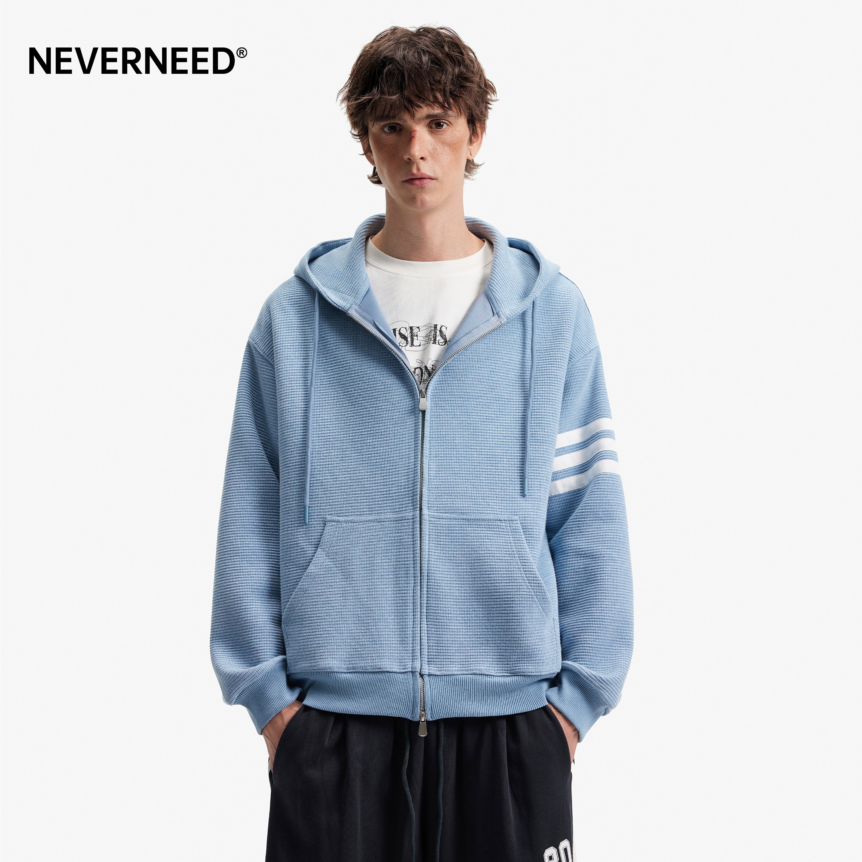 NEVERNEED华夫格连帽开衫卫衣男图片