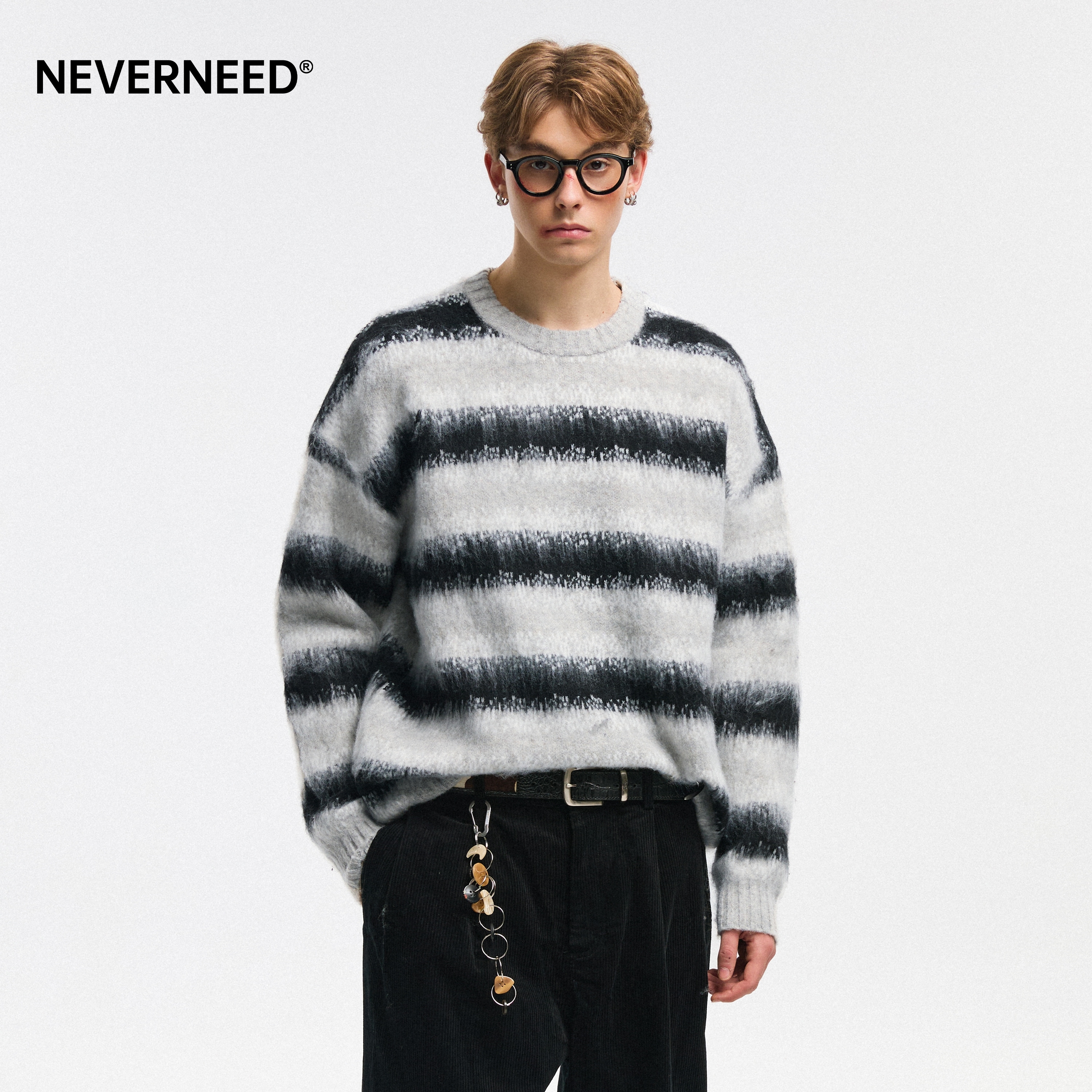 NEVERNEED美式撞色条纹针织衫