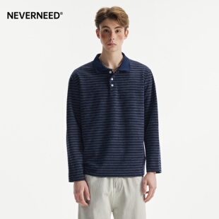 NEVERNEED老钱风条纹polo领卫衣男女春季美式复古休闲长袖上衣潮