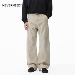 NEVERNEED解构拼接牛仔裤男加绒秋冬季美式复古宽松微喇休闲长裤
