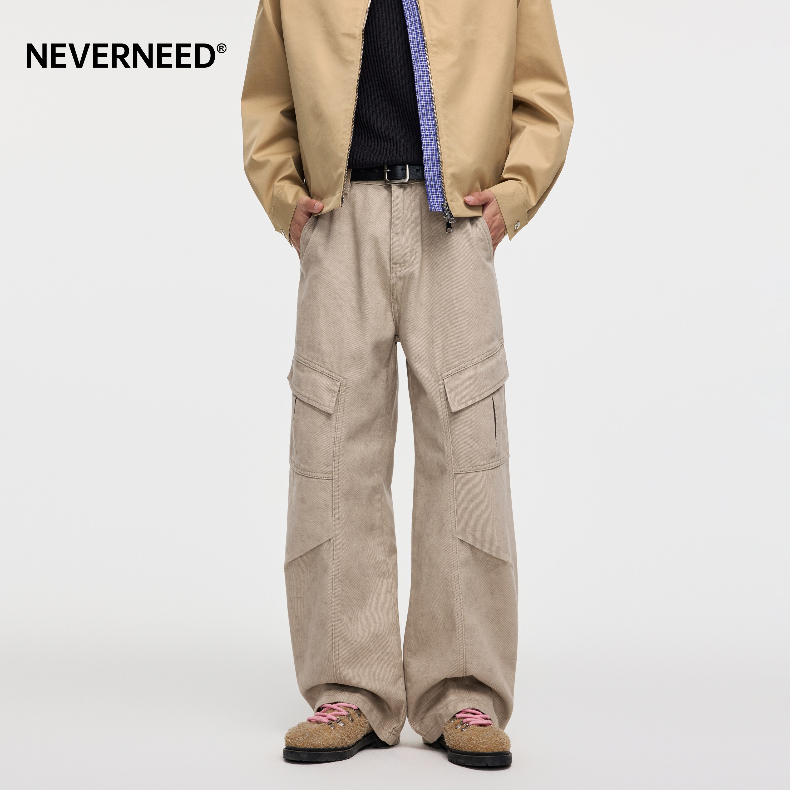 NEVERNEED阔腿大理石纹牛仔裤男图片