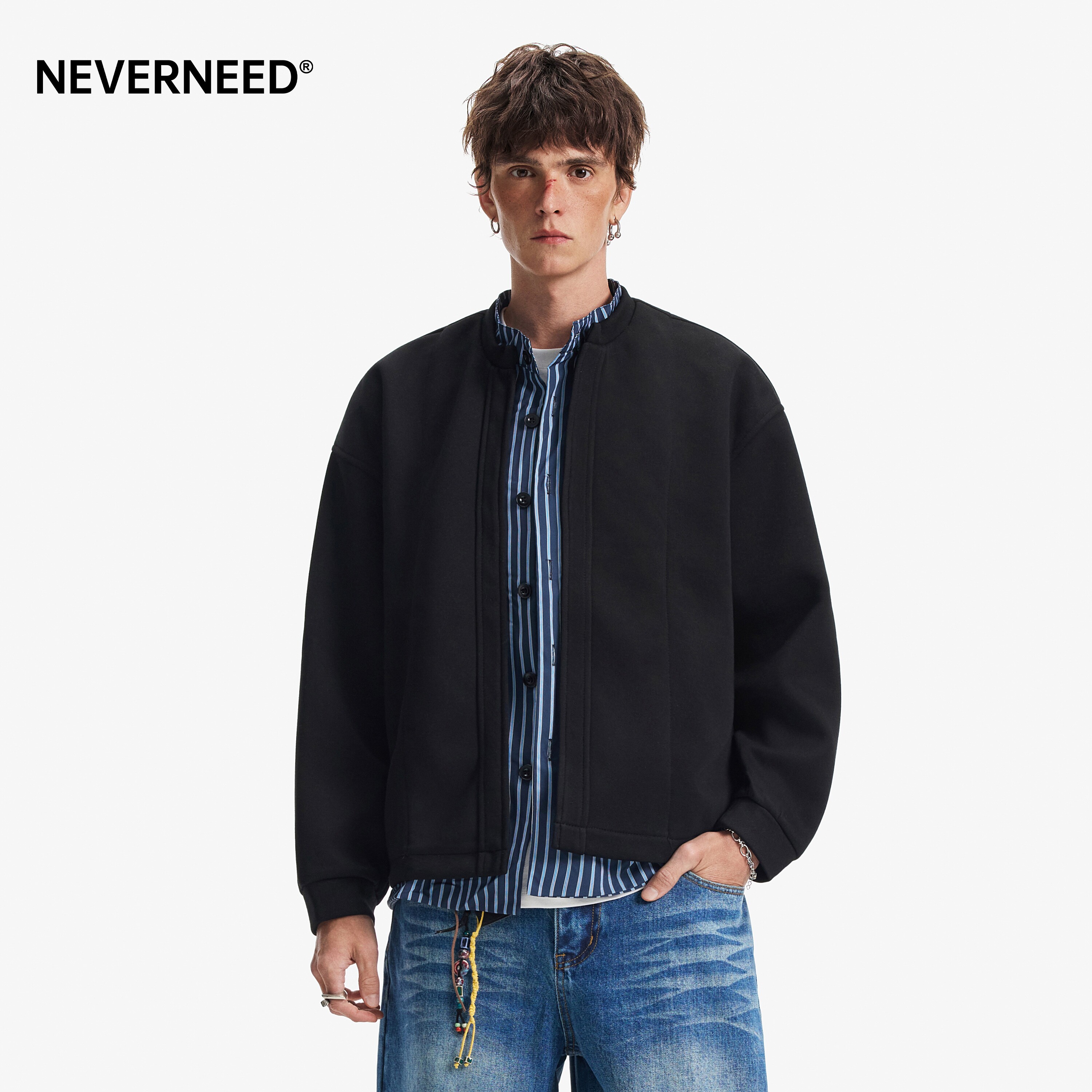 NEVERNEED美式假两件开衫卫衣男图片