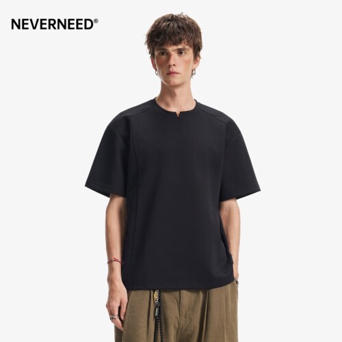 NEVERNEED美式小V领短袖T恤男女