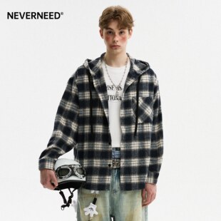复古慵懒风百搭宽松休闲外套 男女秋季 NEVERNEED美式 格子连帽衬衫