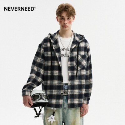 NEVERNEED格子连帽衬衫男女秋季