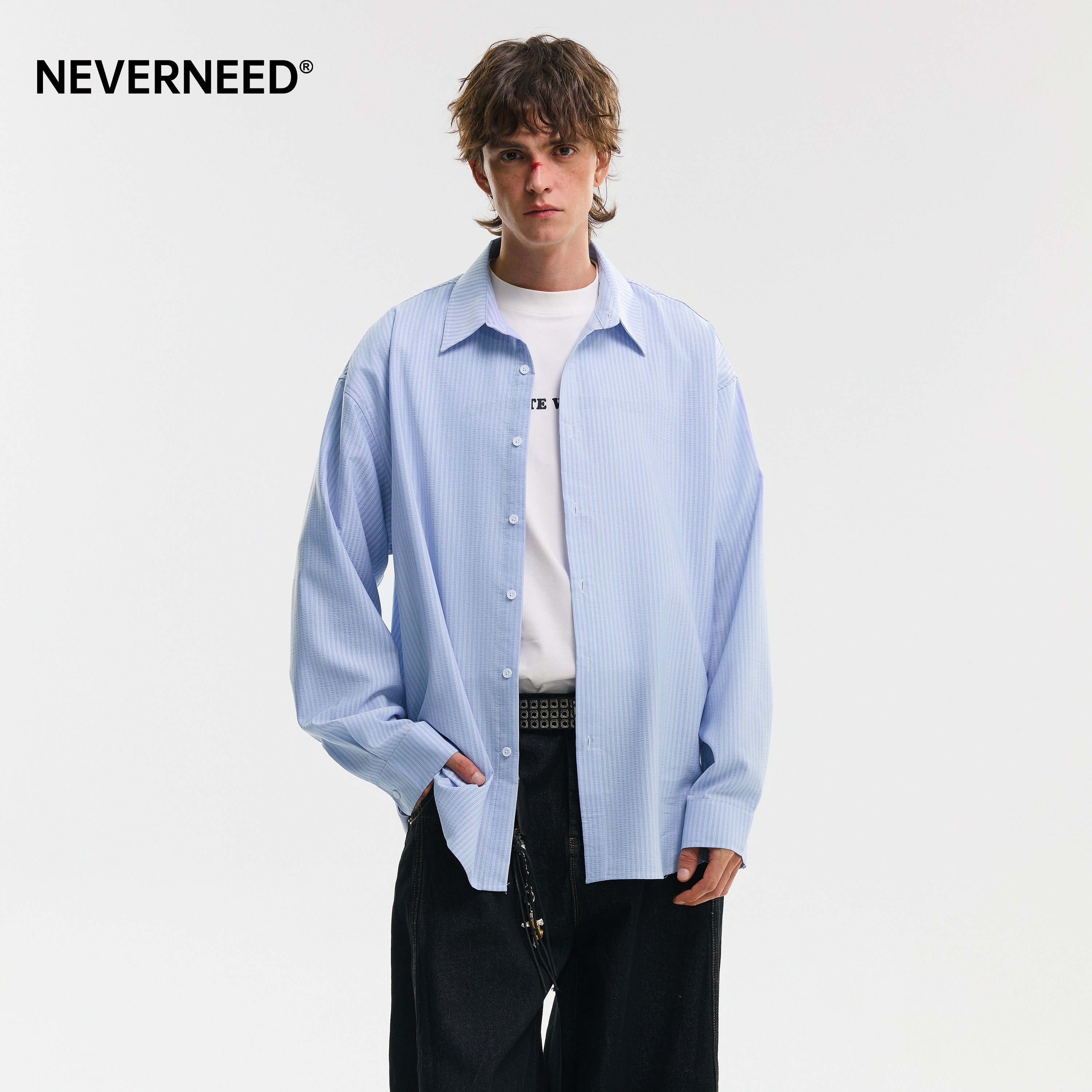 NEVERNEED竖条纹翻领衬衫男女春季美式潮牌cleanfit休闲长袖衬衣,男装,衬衫,淘宝优惠券,粉丝福利购,淘宝优惠卷