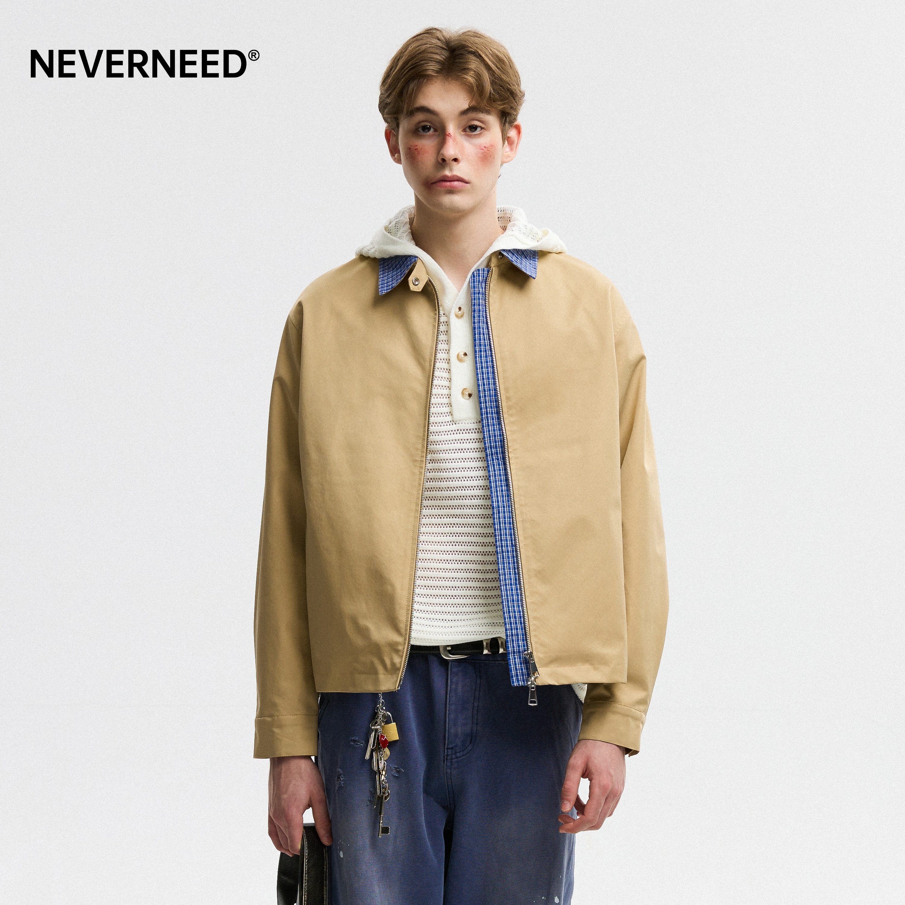 NEVERNEED假两件撞色格子夹克男图片