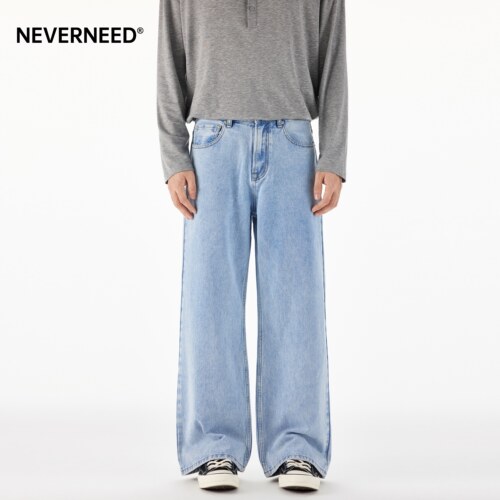 NEVERNEED浅色直筒牛仔裤男女
