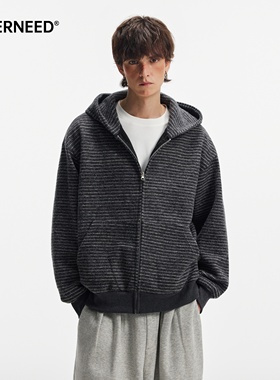 NEVERNEED美式复古cleanfit连帽卫衣男女重磅慵懒风条纹开衫外套