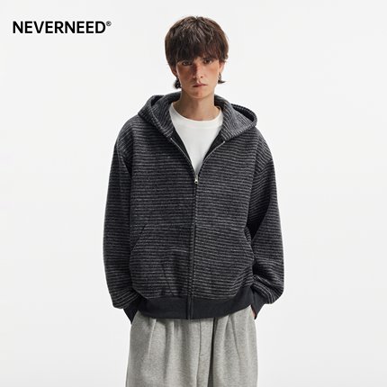 NEVERNEED美式复古cleanfit连帽卫衣男女重磅慵懒风条纹开衫外套