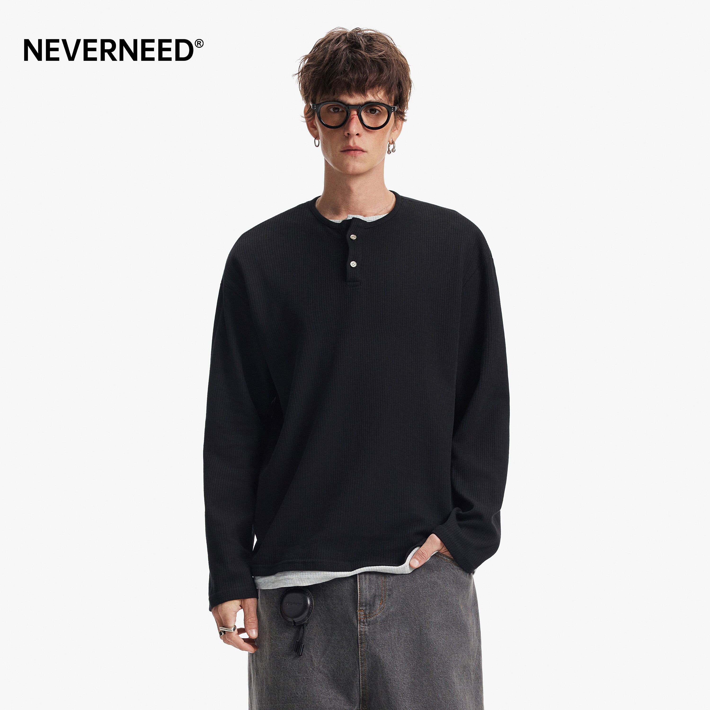 NEVERNEED假两件亨利领长袖T恤男图片