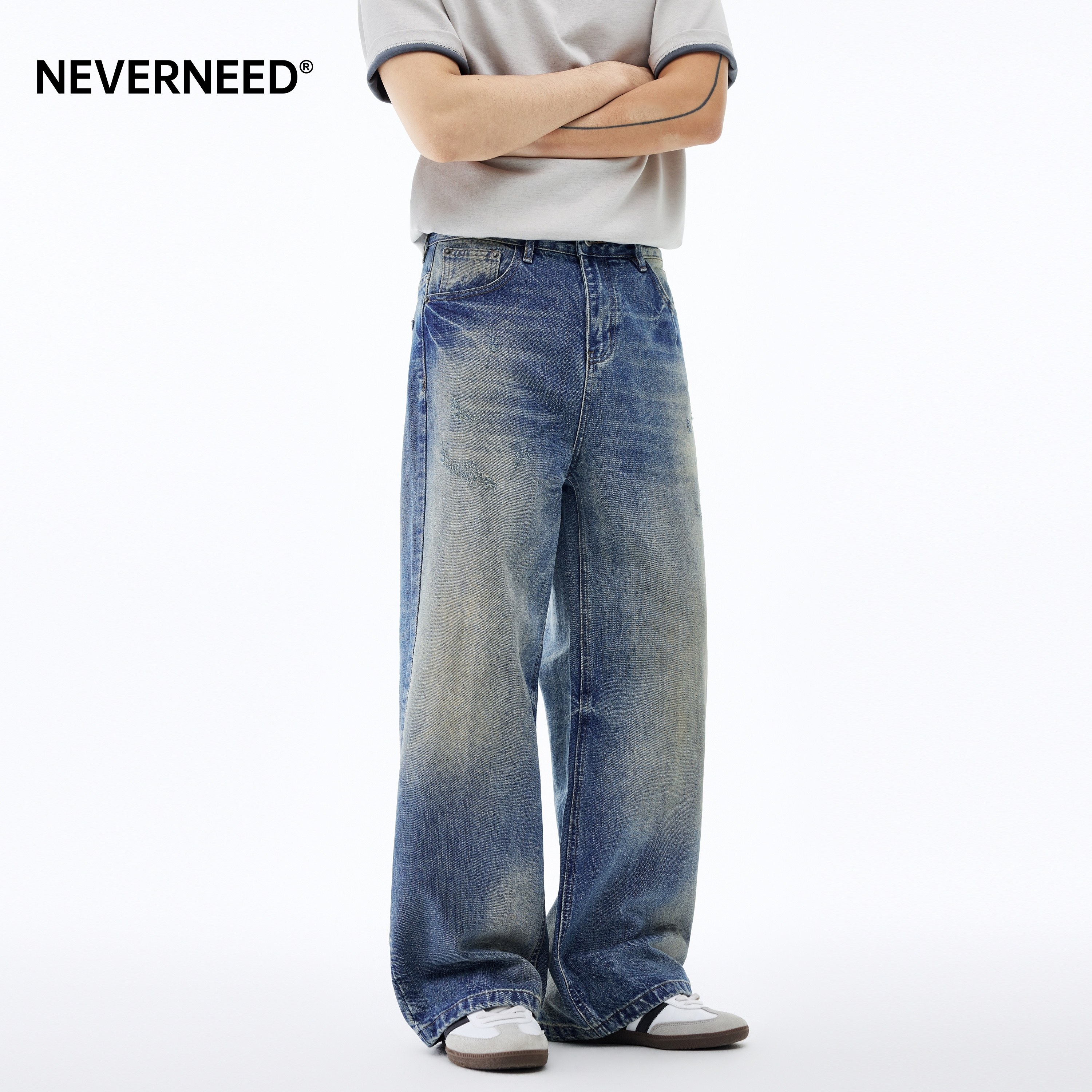 NEVERNEED水洗宽松直筒牛仔裤男春季美式高街vibe做旧磨破阔腿裤