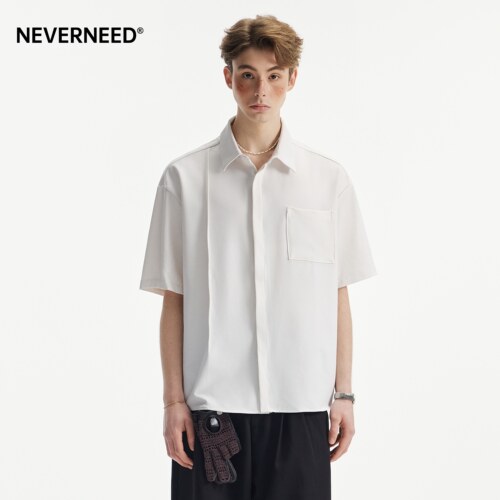 NEVERNEED抗皱翻领短袖衬衫男