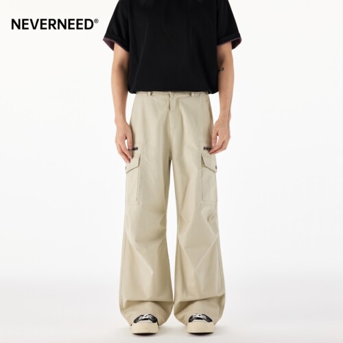 NEVERNEED褶皱工装休闲裤男春夏季薄款美式vibe多口袋直筒A字长裤