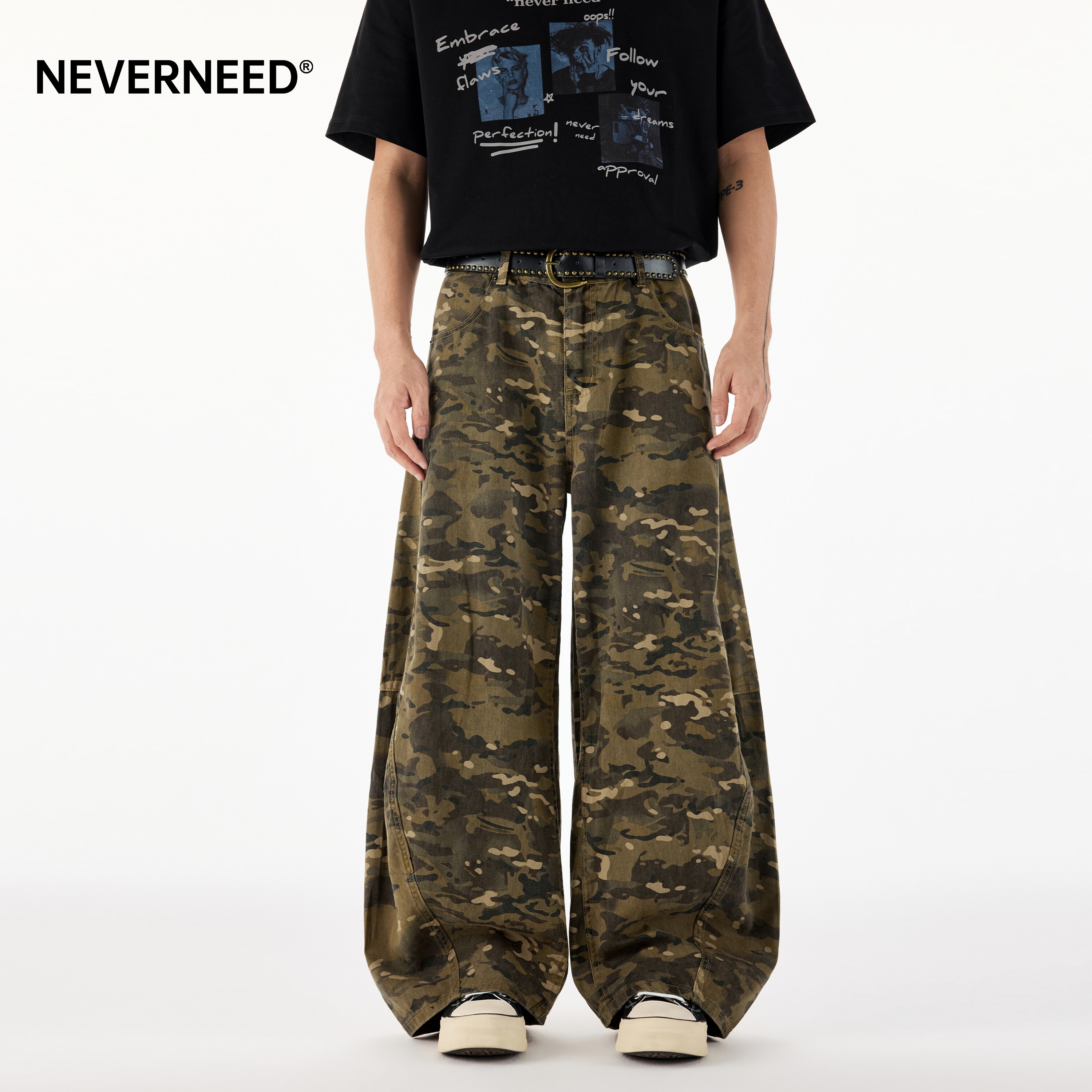NEVERNEED迷彩阔腿牛仔裤男女图片