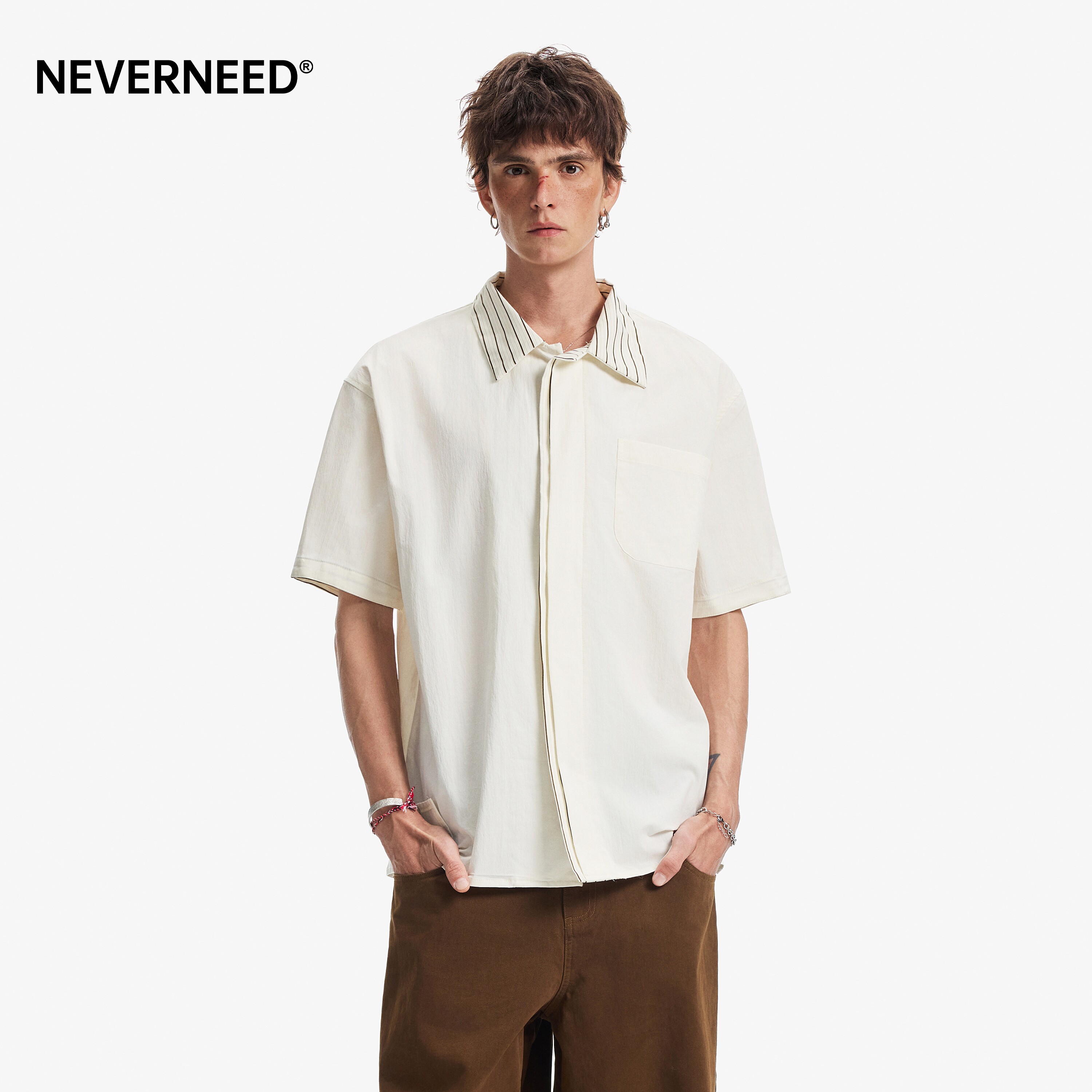NEVERNEED假两件条纹长袖衬衫男图片