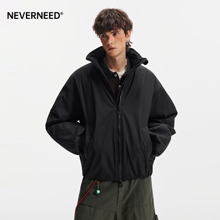 NEVERNEED纯色短款立领棉衣男女冬季美式cleanfit情侣装保暖外套