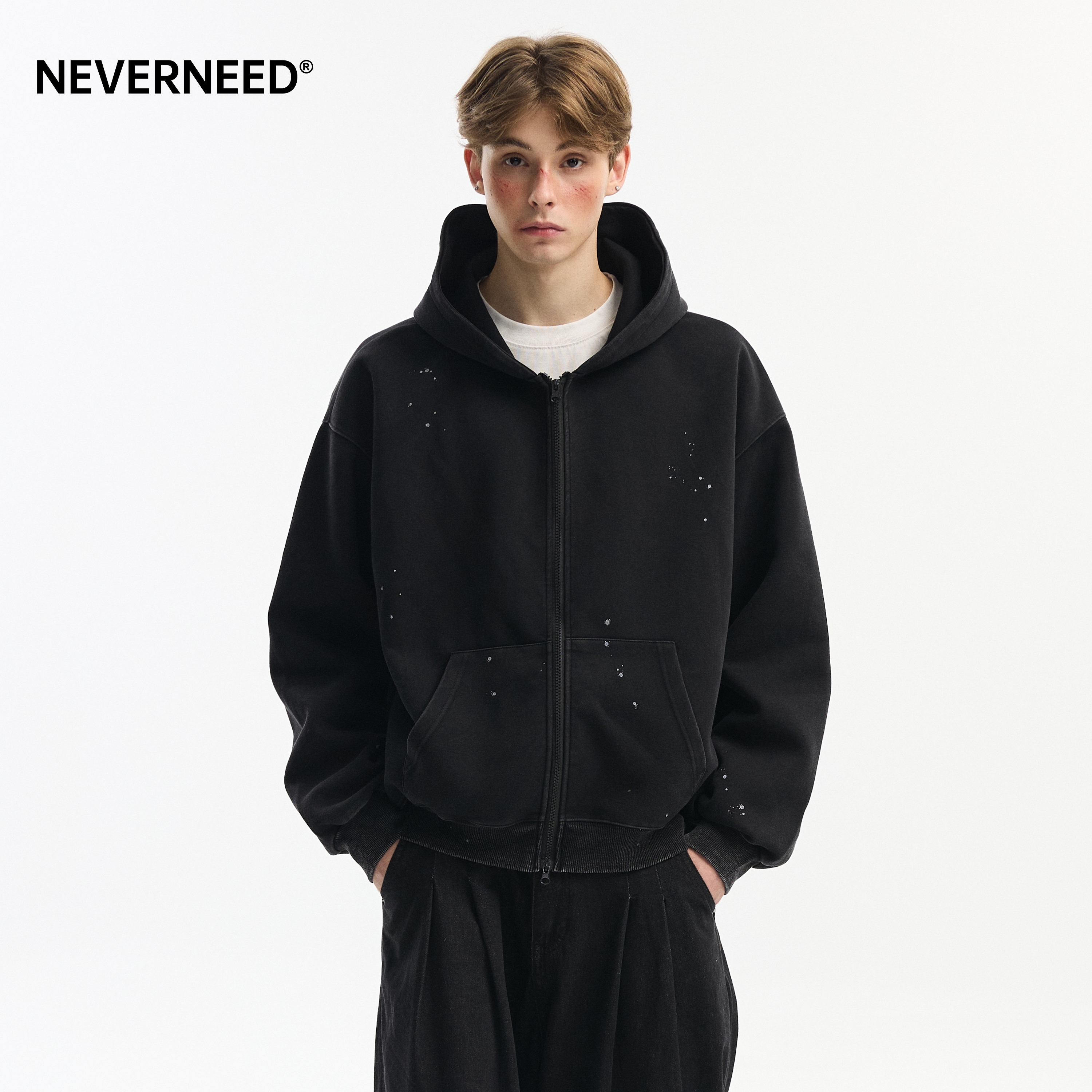 NEVERNEED泼墨开衫连帽卫衣男