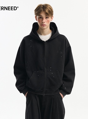 NEVERNEED泼墨开衫连帽卫衣男女秋季美式cleanfit双拉链长袖外套