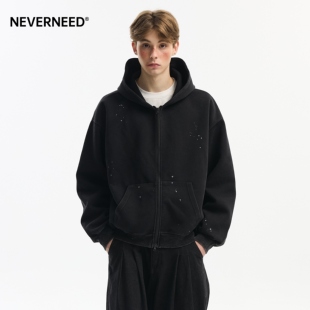 cleanfit双拉链外套 美式 NEVERNEED泼墨水洗连帽开衫 卫衣男女春季