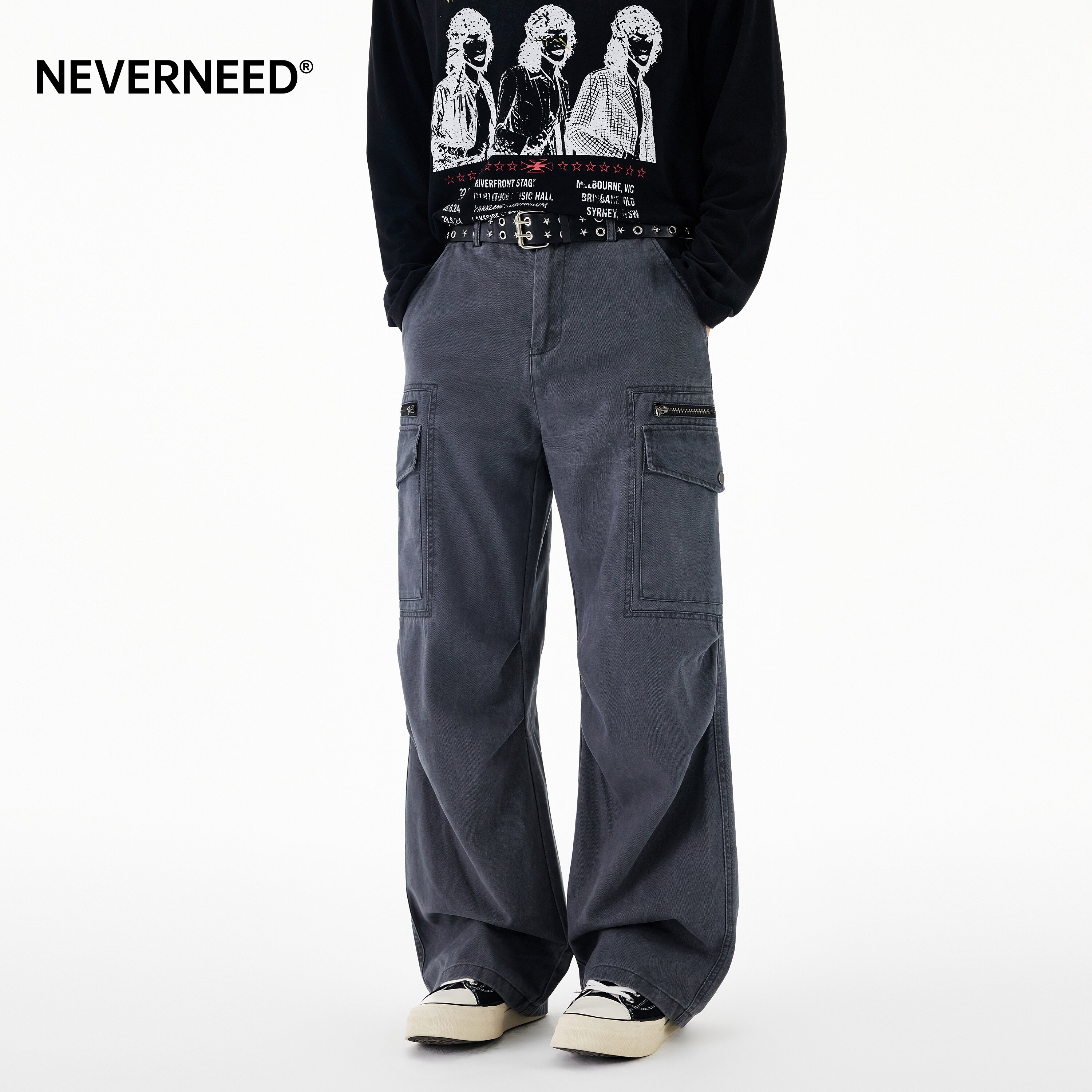 NEVERNEED拉链口袋直筒休闲裤男图片