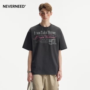 潮牌宽松oversize休闲上衣 T恤男女春季 NEVERNEED美式 印花宽松短袖