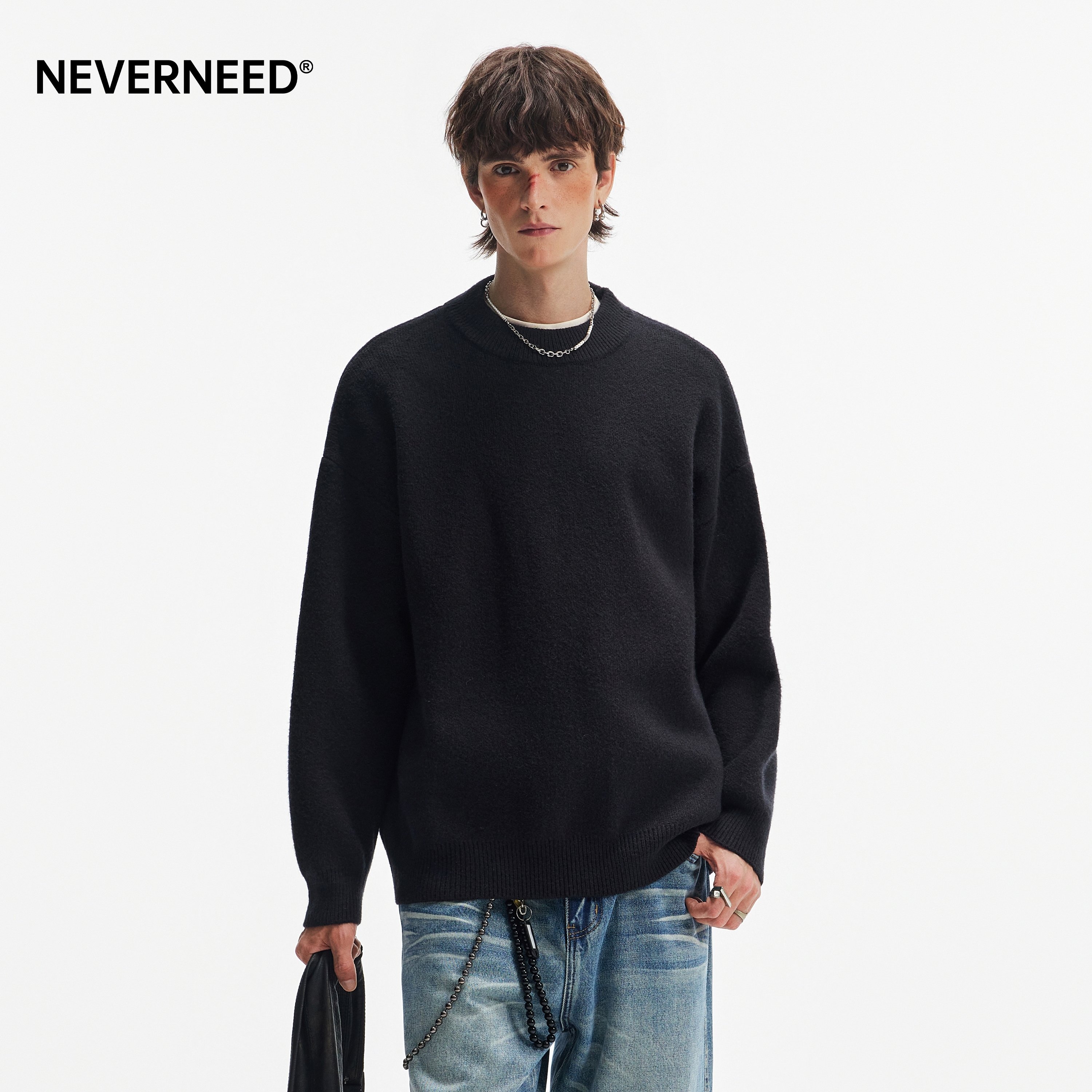 NEVERNEED纯色圆领套头毛衣男女秋季美式慵懒风情侣装内搭针织衫