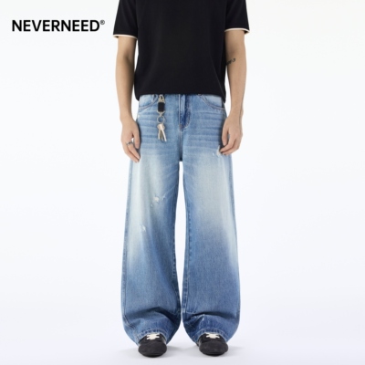 NEVERNEED破洞直筒牛仔裤男女