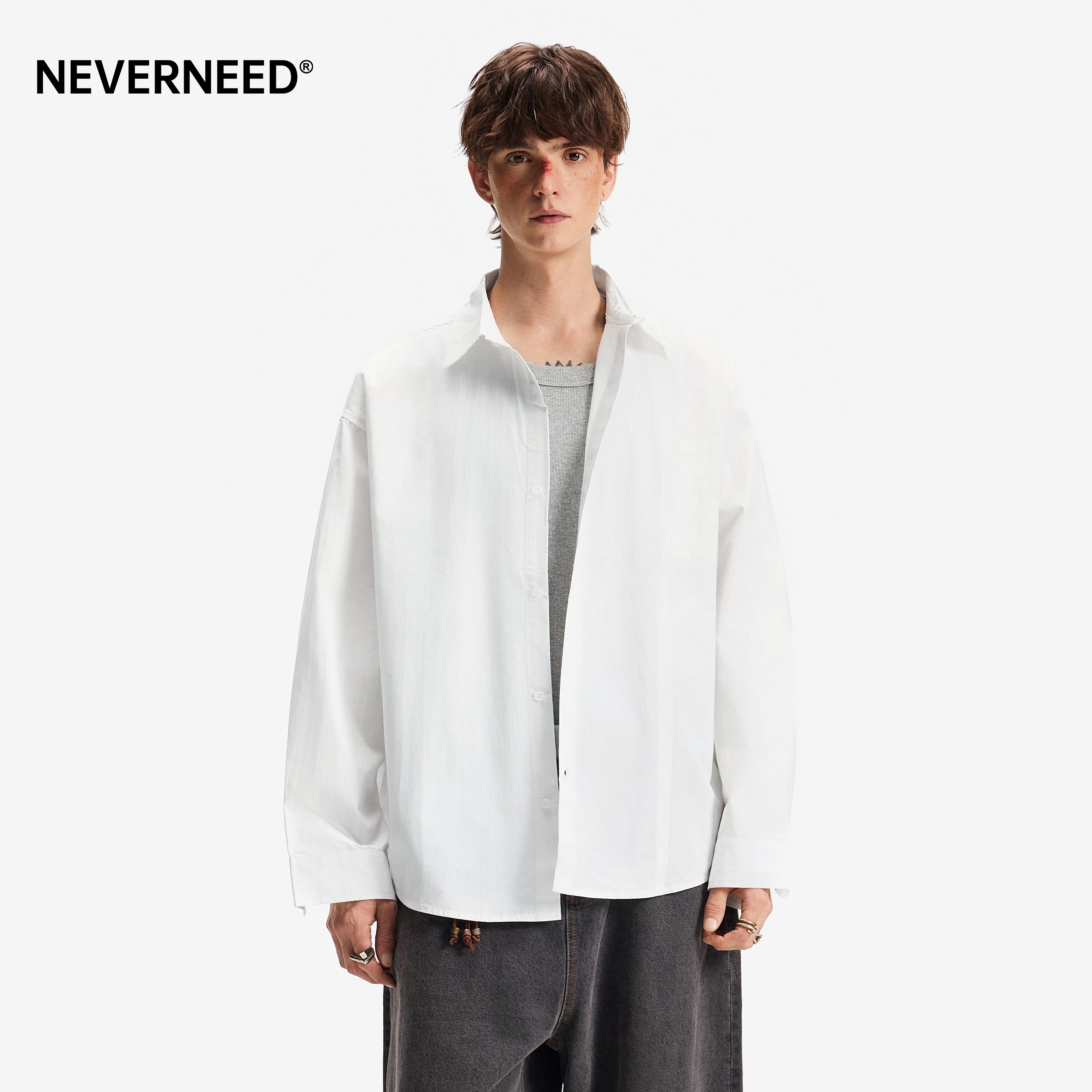 NEVERNEED解构翻领长袖衬衫男女春季美式休闲情侣纯棉白色衬衣潮