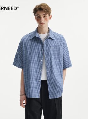 NEVERNEED纯棉格纹衬衫男女夏季美式复古vibe情侣休闲翻领衬衣潮