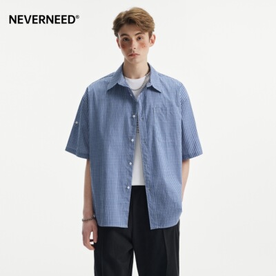 NEVERNEED纯棉格纹衬衫男女夏季美式复古vibe情侣休闲翻领衬衣潮