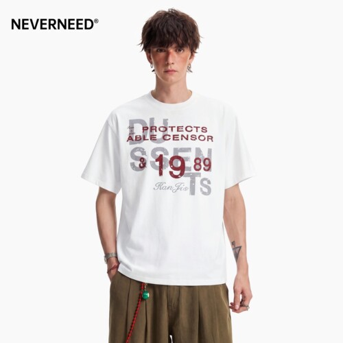 NEVERNEED字母印花圆领短袖T恤男