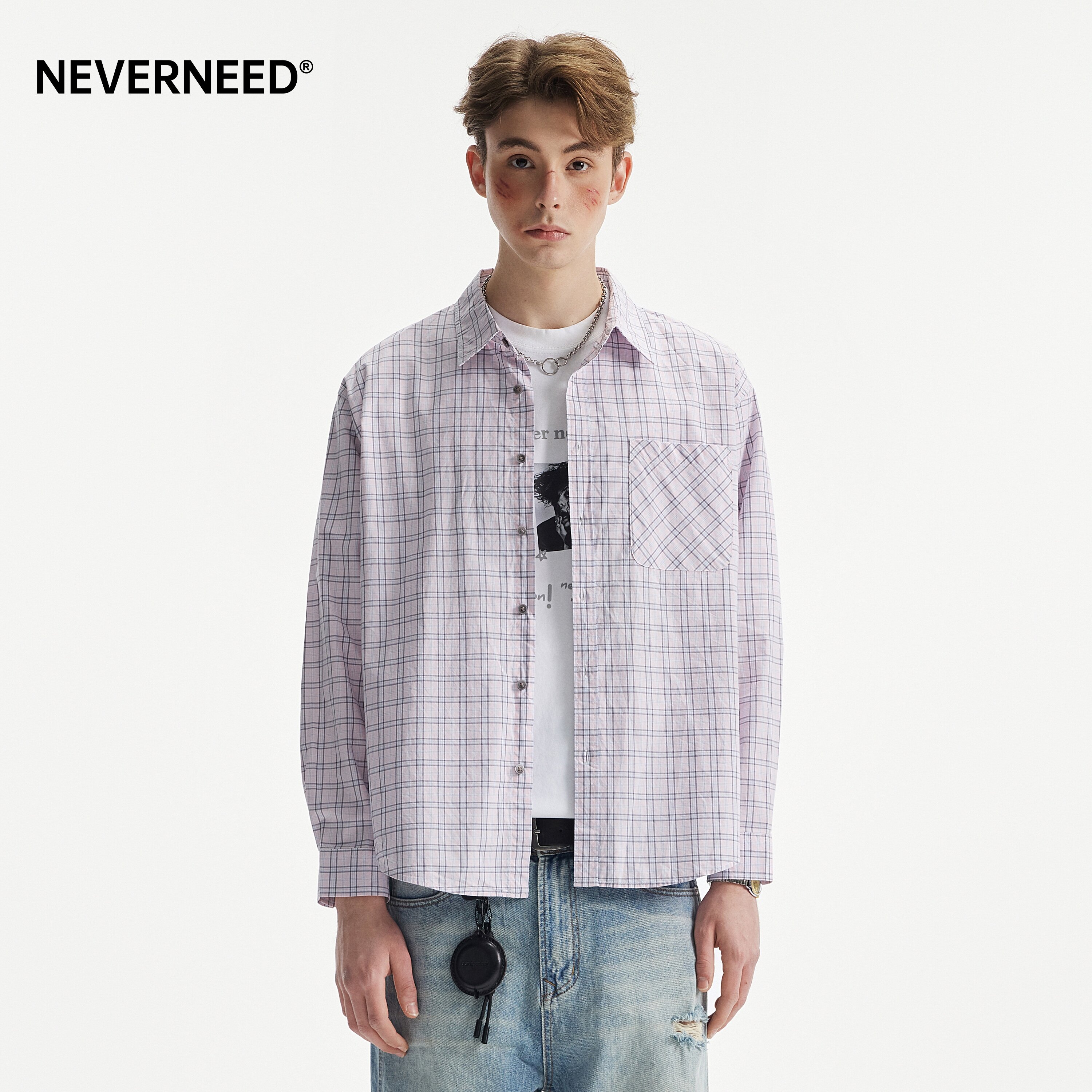 NEVERNEED撞色格子翻领衬衫男图片