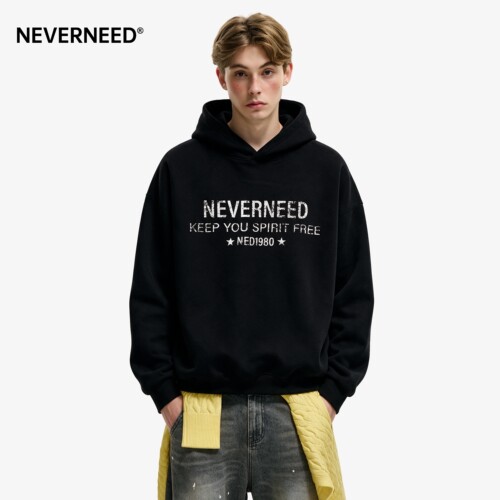 NEVERNEED字母印花连帽卫衣男女