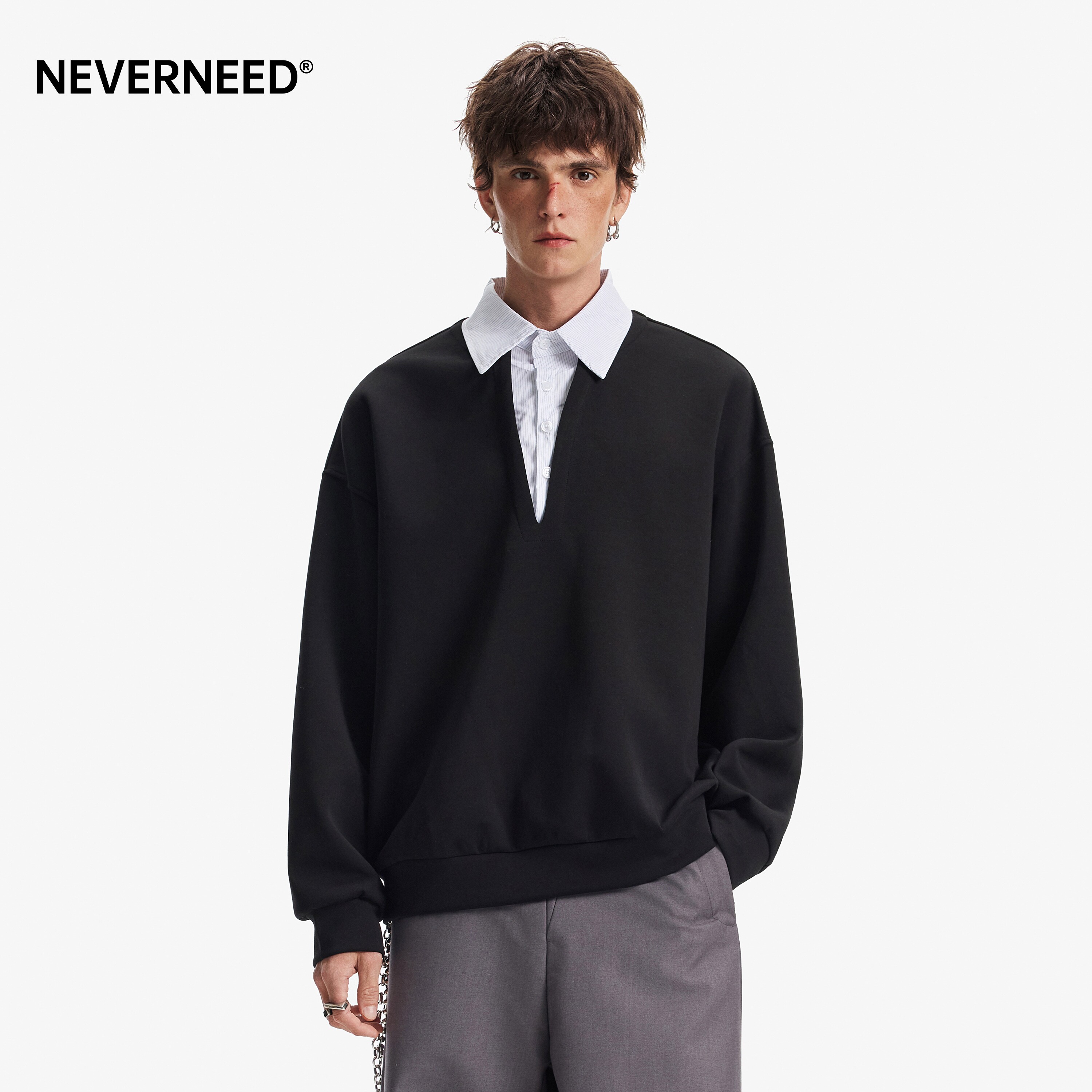 NEVERNEED假两件polo领卫衣男女图片