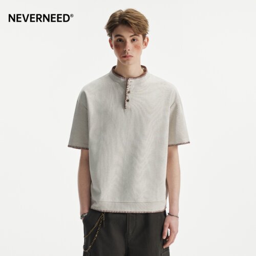 NEVERNEED手缝线亨利领T恤男女