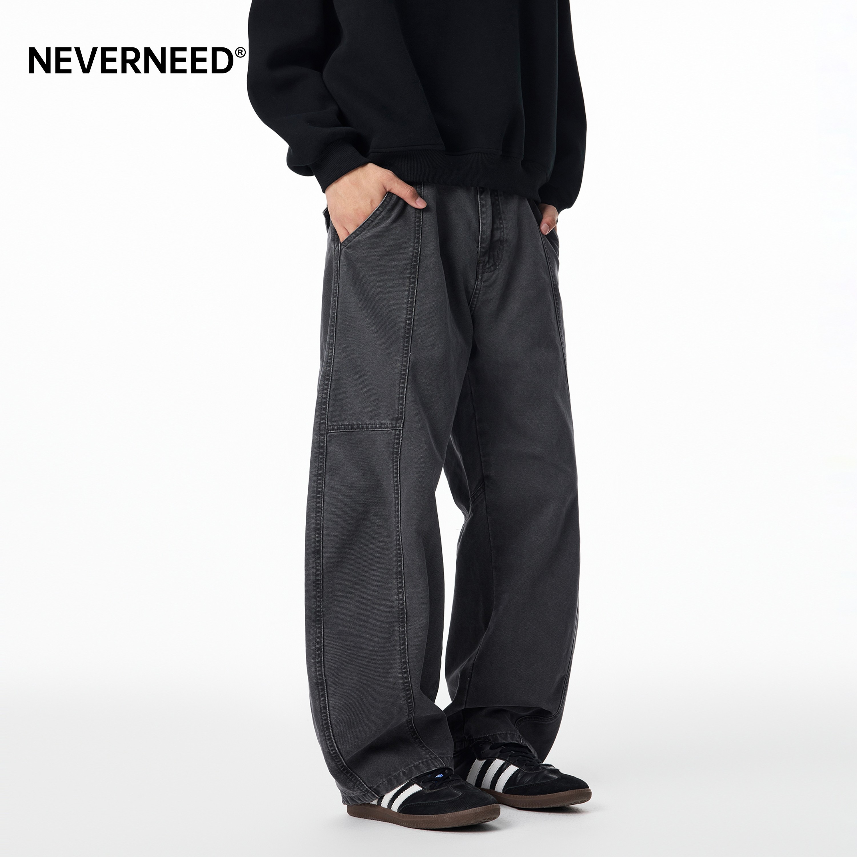 NEVERNEED解构拼接阔腿休闲裤男秋季美式vintage做旧水洗弯刀裤子,男装,休闲裤,淘宝优惠券,粉丝福利购,淘宝优惠卷