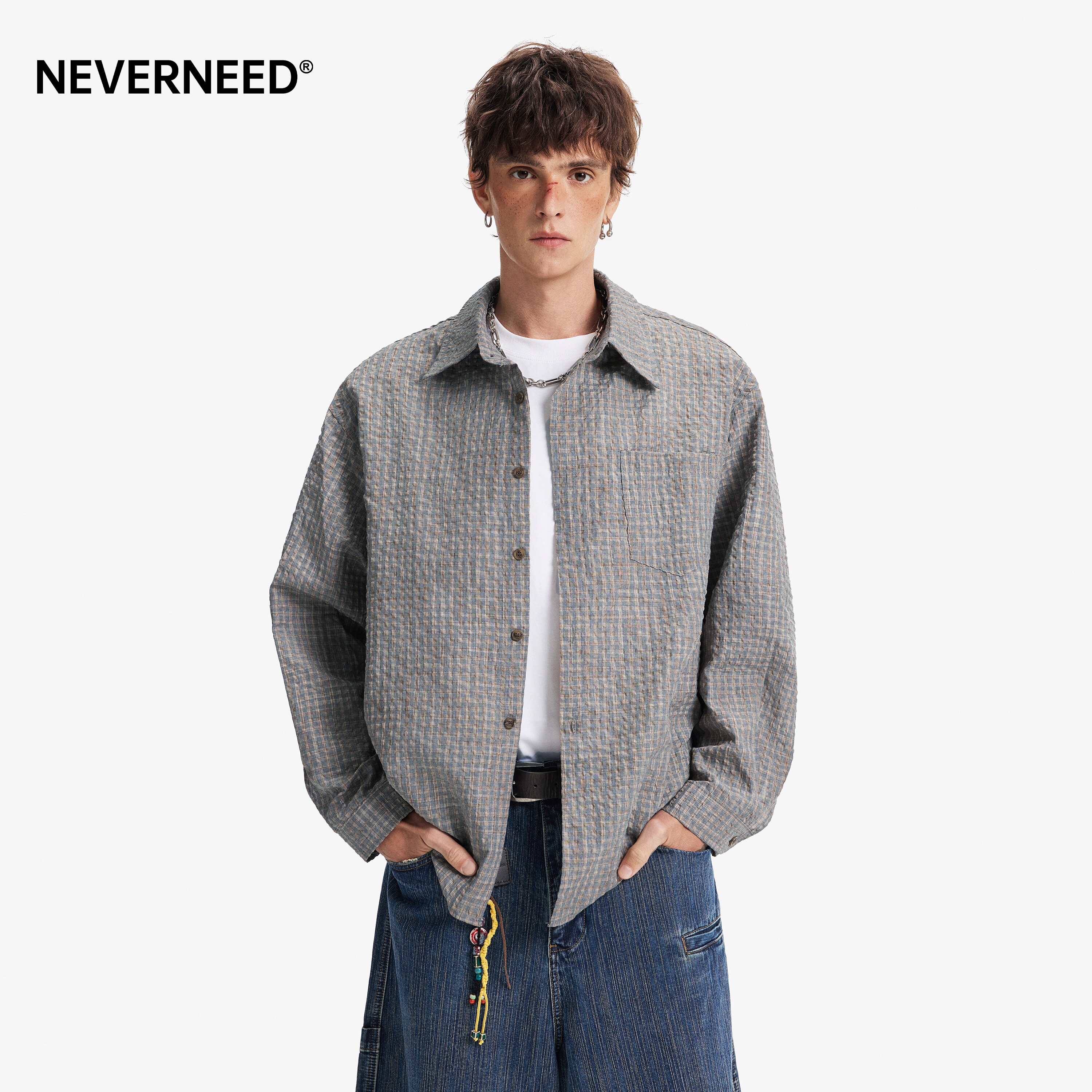 NEVERNEED老钱风格子翻领衬衫男图片