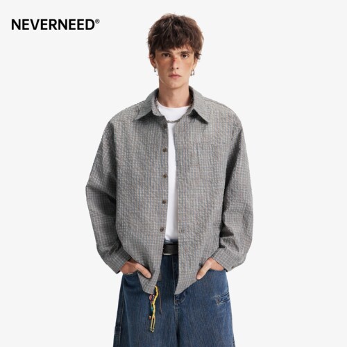 NEVERNEED老钱风格子翻领衬衫男