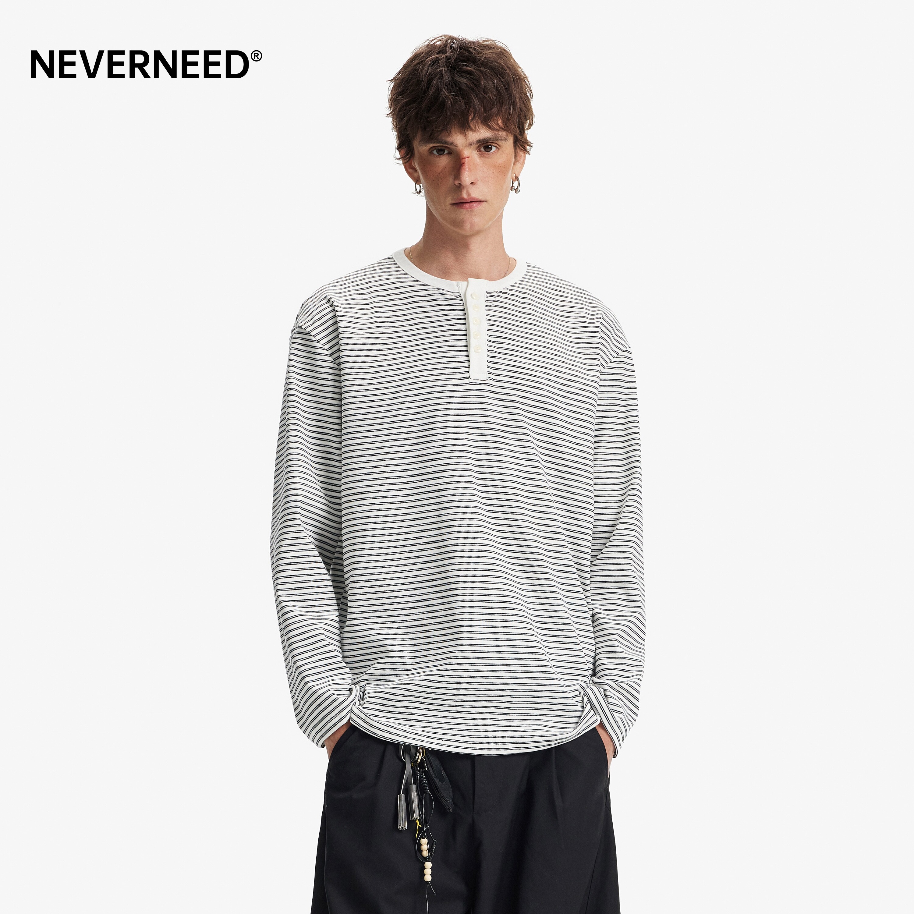 NEVERNEED条纹亨利领长袖T恤男女图片