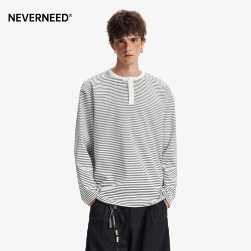NEVERNEED条纹亨利领长袖T恤男女