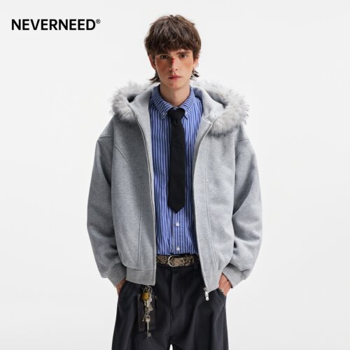 NEVERNEED纯色解构毛领棉衣男女