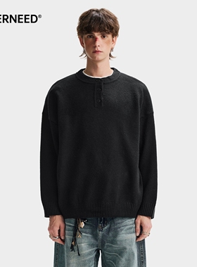 NEVERNEED黑色亨利领毛衣男女冬季美式潮牌慵懒风套头针织衫上衣