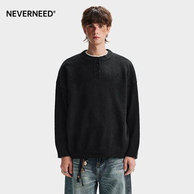 NEVERNEED黑色亨利领毛衣男