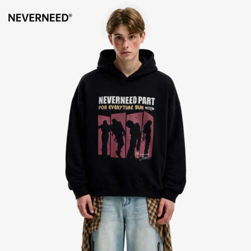NEVERNEED人像印花连帽卫衣男女