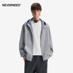 NEVERNEED双面穿格纹连帽卫衣男女春季美式潮牌宽松拉链开衫外套