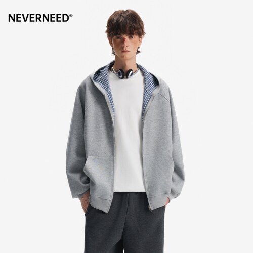 NEVERNEED双面穿格纹连帽卫衣