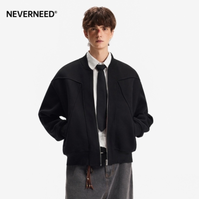 NEVERNEED美式复古棒球领卫衣男