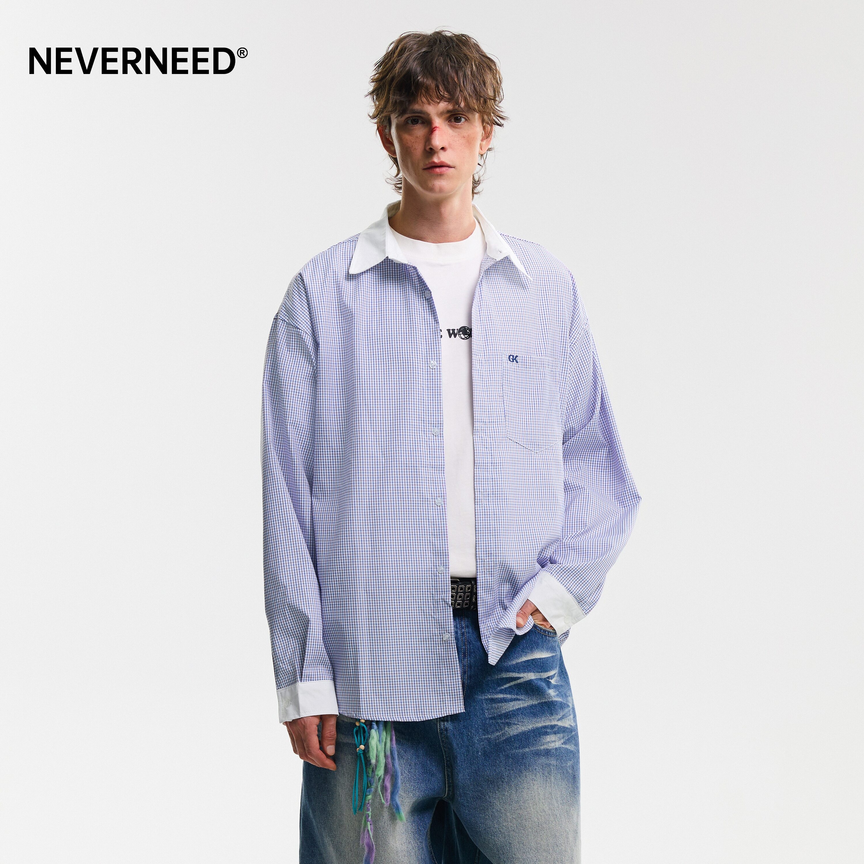 NEVERNEED撞色翻领格子衬衫男女图片