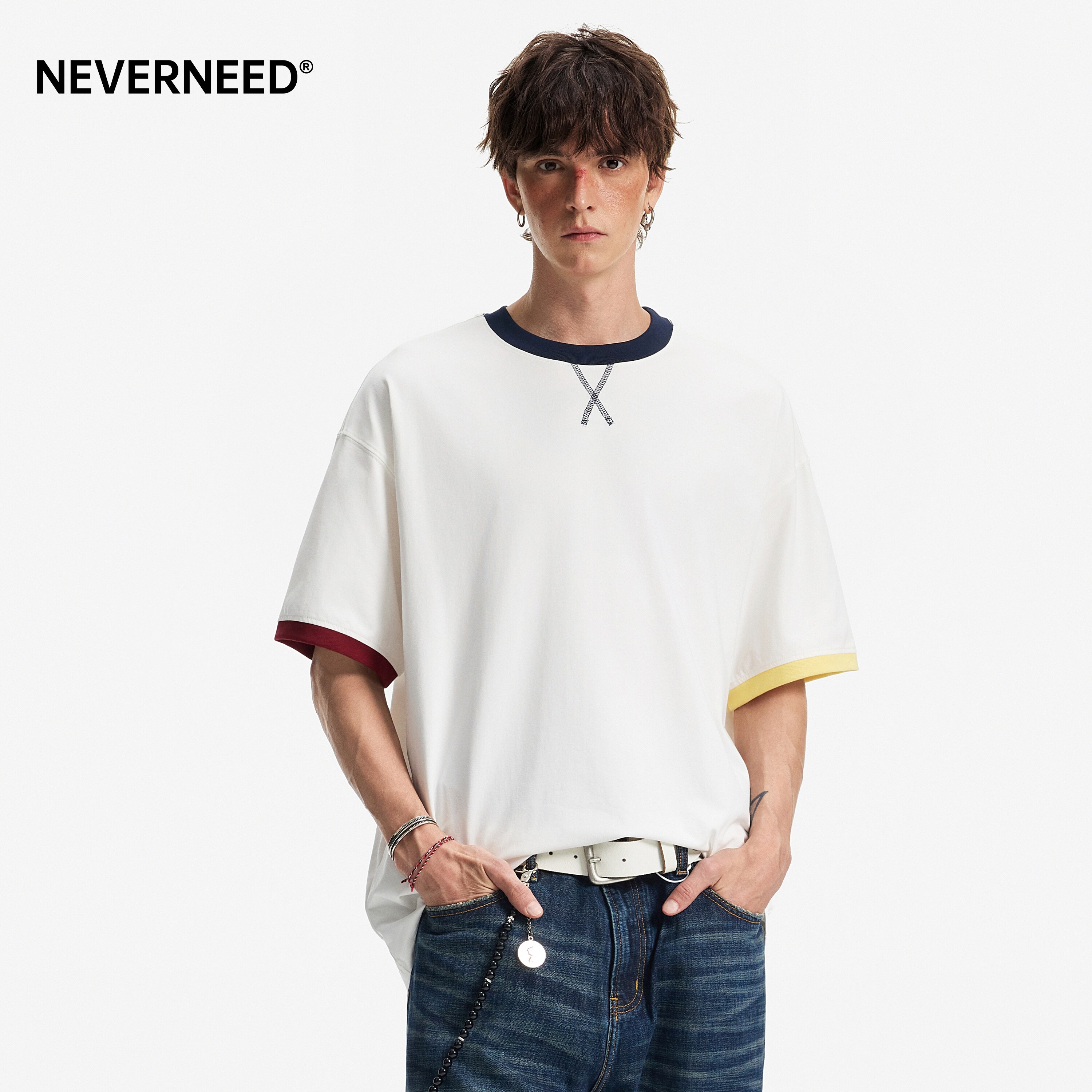 NEVERNEED索罗娜撞色圆领T恤男女图片